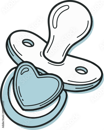 Illustration of a baby's pacifier with a heart handle, sketched in black outline with light blue fill