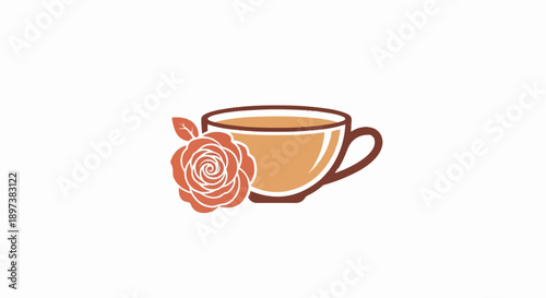 An illustrative image featuring a warm beverage in a stylized teacup with a blooming rose beside it on a white background
