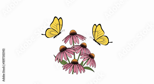 An illustration of two yellow butterflies fluttering around a vibrant cluster of pink cone flowers