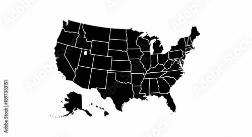 Black silhouette map of the United States with states, Alaska, and Hawaii on a white background