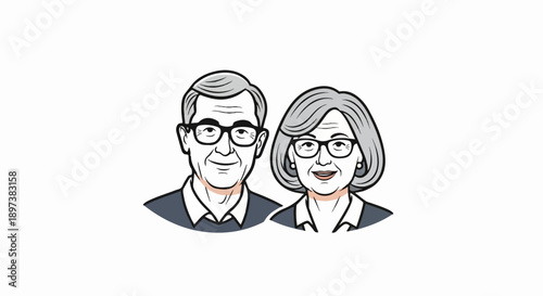 Cartoon illustration of an elderly man and woman with grey hair, glasses, and smiles