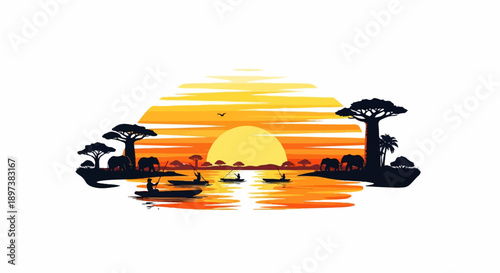Vibrant African sunset with silhouetted trees, elephants, and paddlers on a glowing river
