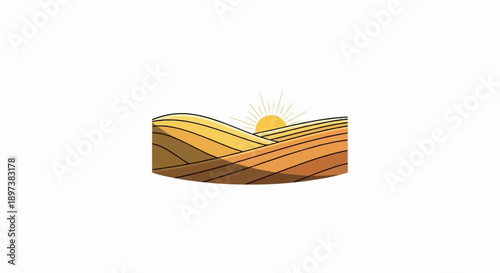 Stylized illustration of rolling agricultural fields in warm autumn colors under a rising or setting sun