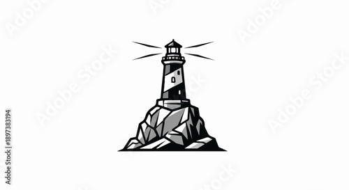Monochrome graphic illustration of a striped lighthouse standing tall on jagged rocks, emitting light beams