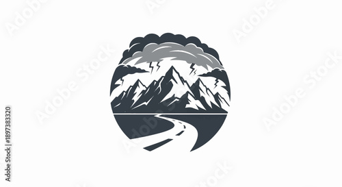 Circular graphic featuring dark mountains under stormy clouds with lightning, above a winding road