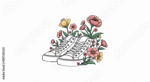 Illustration of white lace-up sneakers blooming with pink and yellow flowers, a fresh spring design