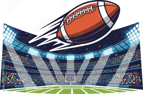 Dynamic illustration of an American football soaring over a brightly lit stadium full of cheering fans