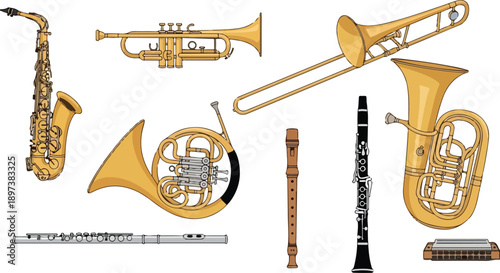 Assorted brass and woodwind musical instruments arranged together on a clean surface from a top-down viewpoint