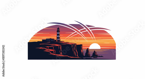Pixel art lighthouse on rugged cliffs overlooking the ocean at sunset/sunrise, with abstract light trails in a vibrant sky