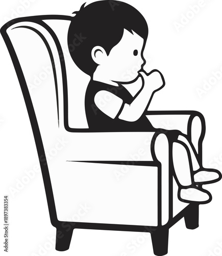 Simple black and white illustration of a young child sitting comfortably in a large armchair, sucking their thumb