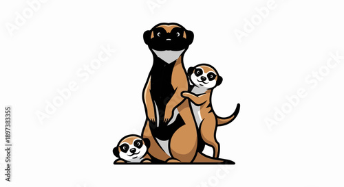 Stylized cartoon of a meerkat family an adult standing, a juvenile hugging, and a baby crawling