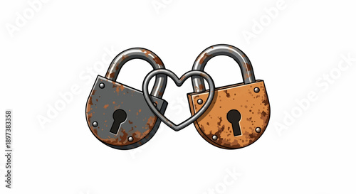 Two rusty padlocks, grey and orange-brown, linked together by a heart-shaped metal loop