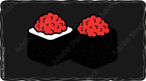 Two illustrative sushi pieces with bright red roe on a dark, textured plate. Simple, playful food art