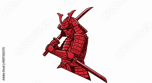 Intense red armored samurai warrior, clutching a katana with another sword on back, serious expression