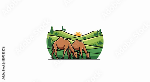 Two brown camels graze on rolling green hills with scattered trees under a bright rising sun illustration