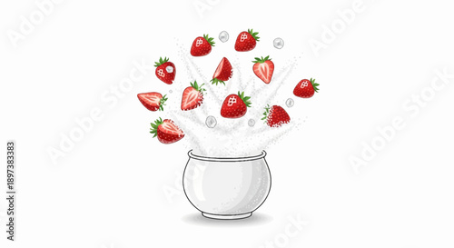Vibrant red strawberries and white spheres splashing dynamically from a white bowl on a clean background