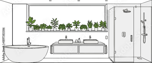 Detailed line art illustration of a minimalist bathroom with a freestanding tub, double vanity, plants, and shower