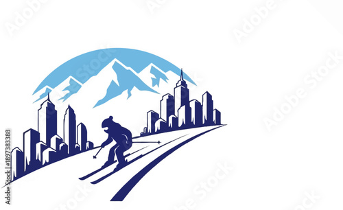 Stylized illustration of a skier descending a snowy slope with a city skyline and mountains behind