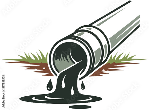 Industrial pipe spilling dark, viscous liquid onto grassy ground, depicting environmental pollution