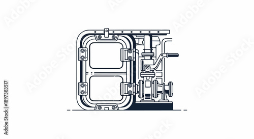 Industrial machine part illustration featuring intricate pipes, valves, bolts, and a lever on a white background