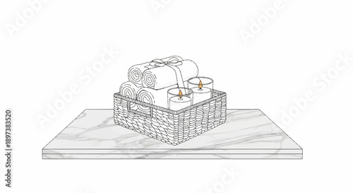 Hand-drawn sketch of a spa setting rolled towels in a basket with lit candles on a marble surface