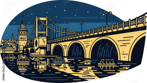 Stylized night illustration of a vibrant bridge over water, reflecting lights with a prominent tower nearby