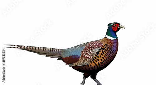 Colorful illustration of a ring-necked male pheasant standing, showcasing detailed plumage on white background