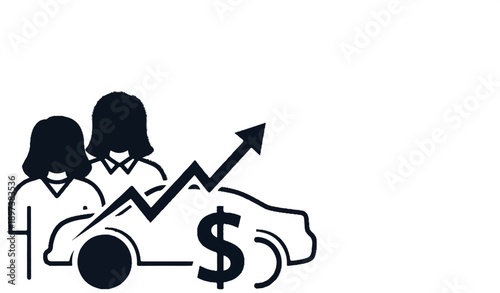 Iconic representation of two women and a car with a dollar sign and an upward financial trend