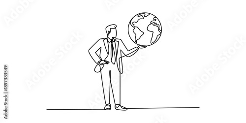 A confident businessman holding a globe in his hand, illustrating global business strategy. Vector, illustration