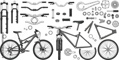 Technical grayscale vector illustration of bicycle assembly parts featuring frames handlebars gear systems and suspension for bike repair.
