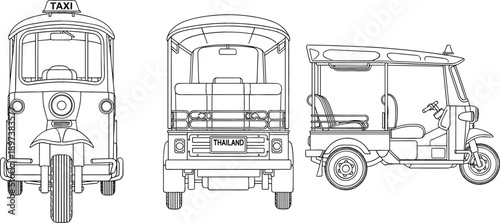 Thailand Tuk Tuk taxi line art vector set with front back and side view isolated on white.