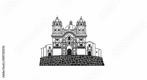Detailed black & white line art of an old European-style church with twin bell towers & dome, on stone steps