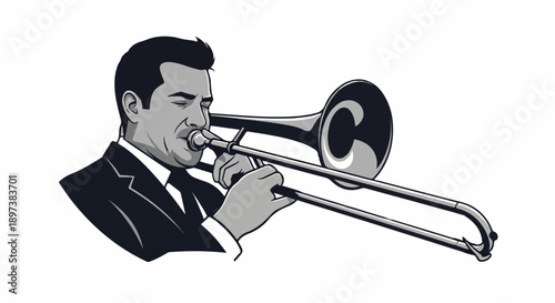 Cartoon man in suit plays a trombone with closed eyes, a focused expression, in grayscale illustration style