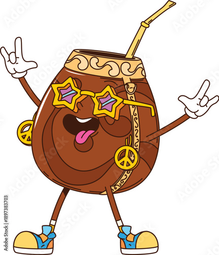 Cartoon groovy mate tea drink as hippie character, vector funky happy face. Groovy mate tea bowl cup with star sunglasses and hippie peace sign gesture in good mood as drink beverage character