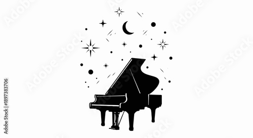 Black silhouette of a grand piano surrounded by a whimsical starry night sky with a crescent moon