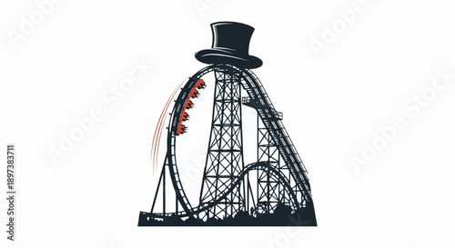 Illustration of a thrilling roller coaster ride with a top hat on its peak and a train full of riders
