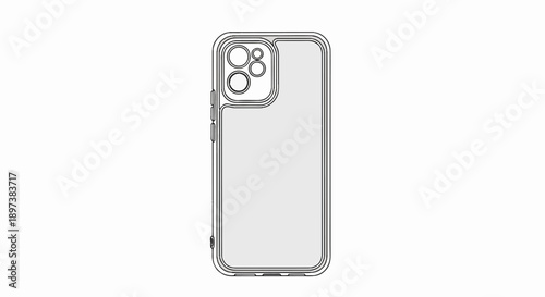 Minimalist line drawing of a smartphone protective case, showing camera cutouts and side buttons. Simple design