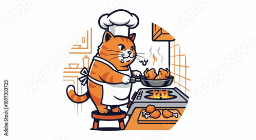An adorable orange tabby cat chef in a toque and apron fries chicken on a stove in a cozy kitchen