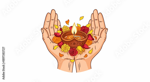 Two cupped hands hold a lit clay diya, surrounded by colorful flowers and petals, radiating warmth