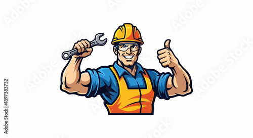 Smiling worker in hard hat and safety glasses holding a wrench and giving a thumbs-up