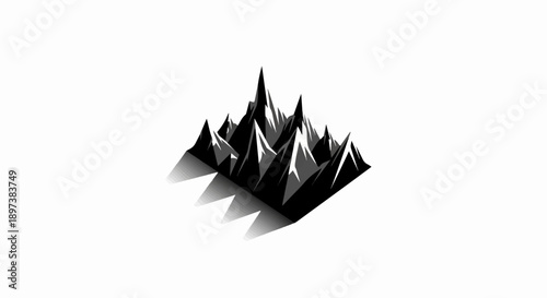 Isometric abstract mountain range with sharp, jagged peaks in a grayscale palette on white