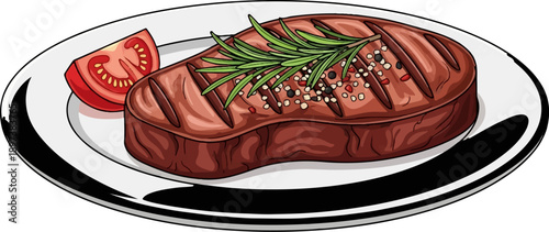 An illustrated grilled steak with rosemary, peppercorns, and a tomato slice on a white plate