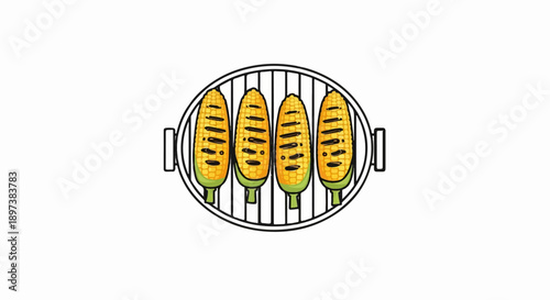 An illustration featuring four golden grilled corn cobs with green bases on a round barbecue grill