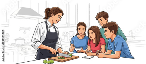 Illustration A smiling female chef demonstrates chopping skills to four attentive young students in a kitchen
