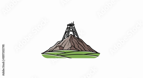 Illustration of a mining tower or oil rig atop a brown hill with green grass slopes, isolated on white