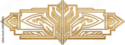 An elegant, symmetrical golden art deco style ornamental banner with intricate geometric and organic patterns