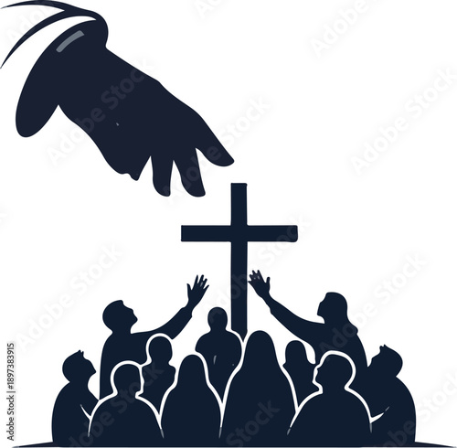 Divine hand reaches towards a cross above a congregation with raised hands in spiritual devotion