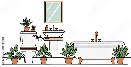 Minimalist illustration of a bathroom featuring a toilet, sink, mirror, bathtub, and several potted plants