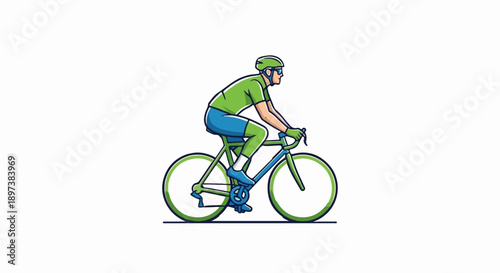 Detailed illustration of a male cyclist in green and blue sportswear, actively riding a road bike on a white background
