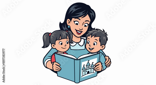 Cartoon of a smiling mother reading a storybook featuring a castle to a happy boy and girl